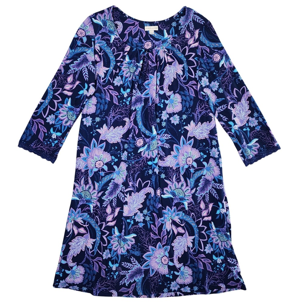 Miss Elaine Nightgown Women XL Blue Purple Floral Paisley Lace Trim Cottagecore
